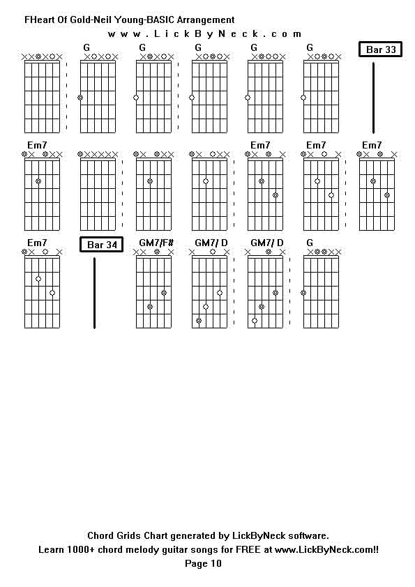 Chord Grids Chart of chord melody fingerstyle guitar song-FHeart Of Gold-Neil Young-BASIC Arrangement,generated by LickByNeck software.